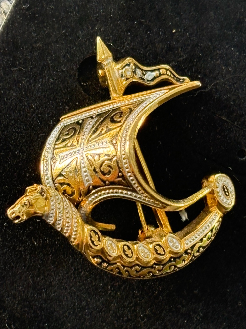 Spanish Viking Ship Pin from Spain- Vintage Gold Plate with Enamel
